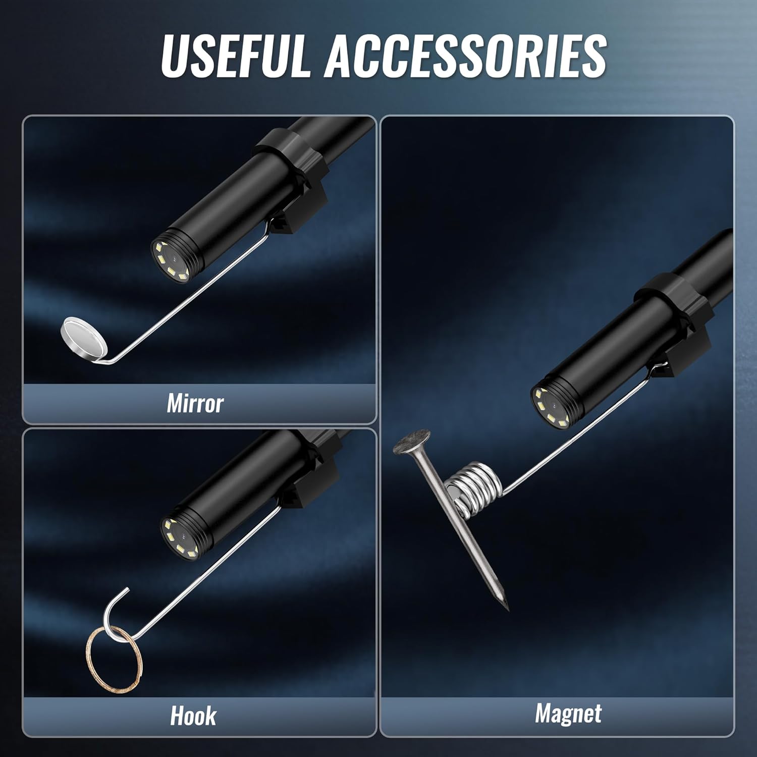 Endoscope accessory tips set with mirror, hook, and magnet attachments