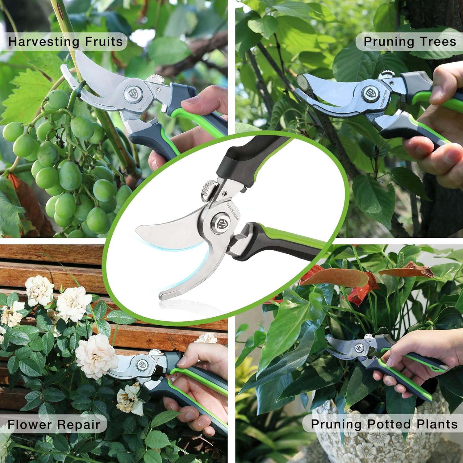 Bypass pruning shears with green handles and curved silver blades for flower or plant trimming.