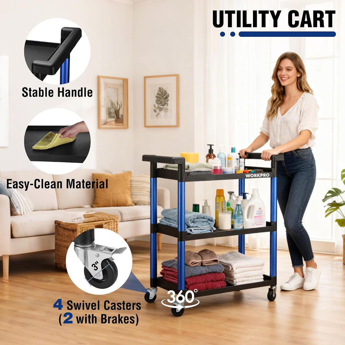 3-tier utility cart with blue frame, black shelves, and lockable swivel casters