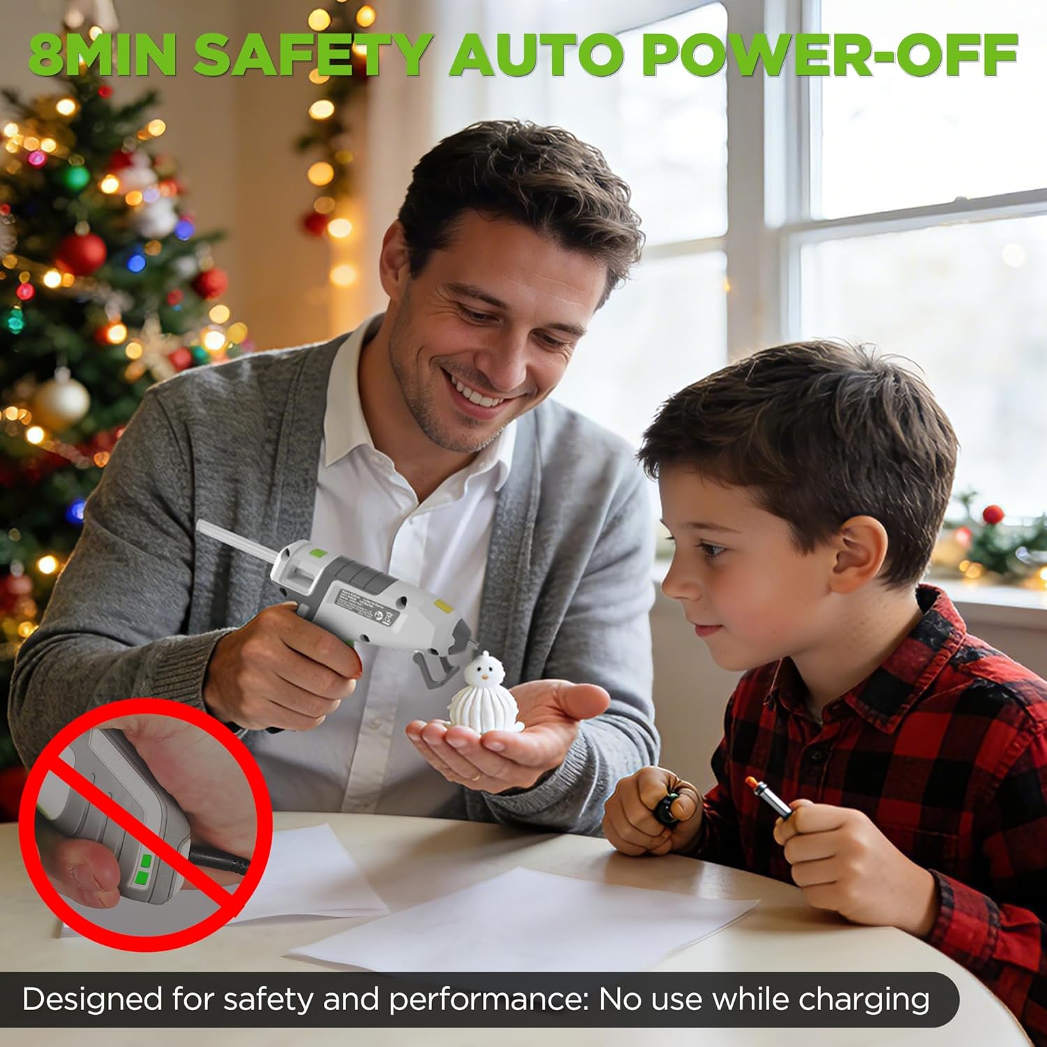 Cordless hot glue gun in a person’s hand, with a red safety icon in the scene.