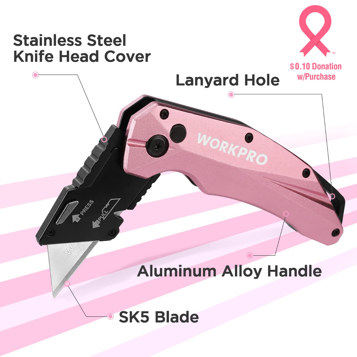 Pink folding utility knife with stainless blade head cover, aluminum handle, lanyard hole