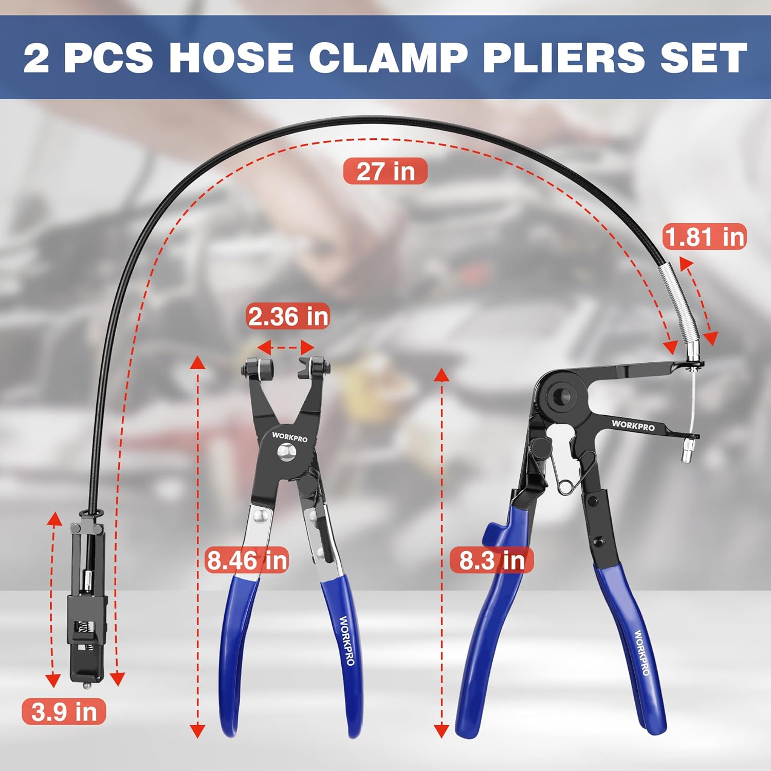 WORKPRO 2-piece hose clamp pliers set with blue handles and black steel jaws
