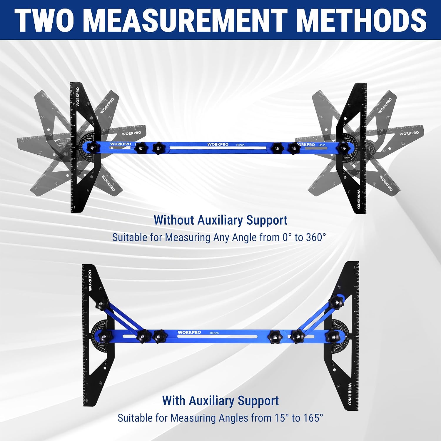 Adjustable stair tread jig with black side supports and blue beam for measuring angles