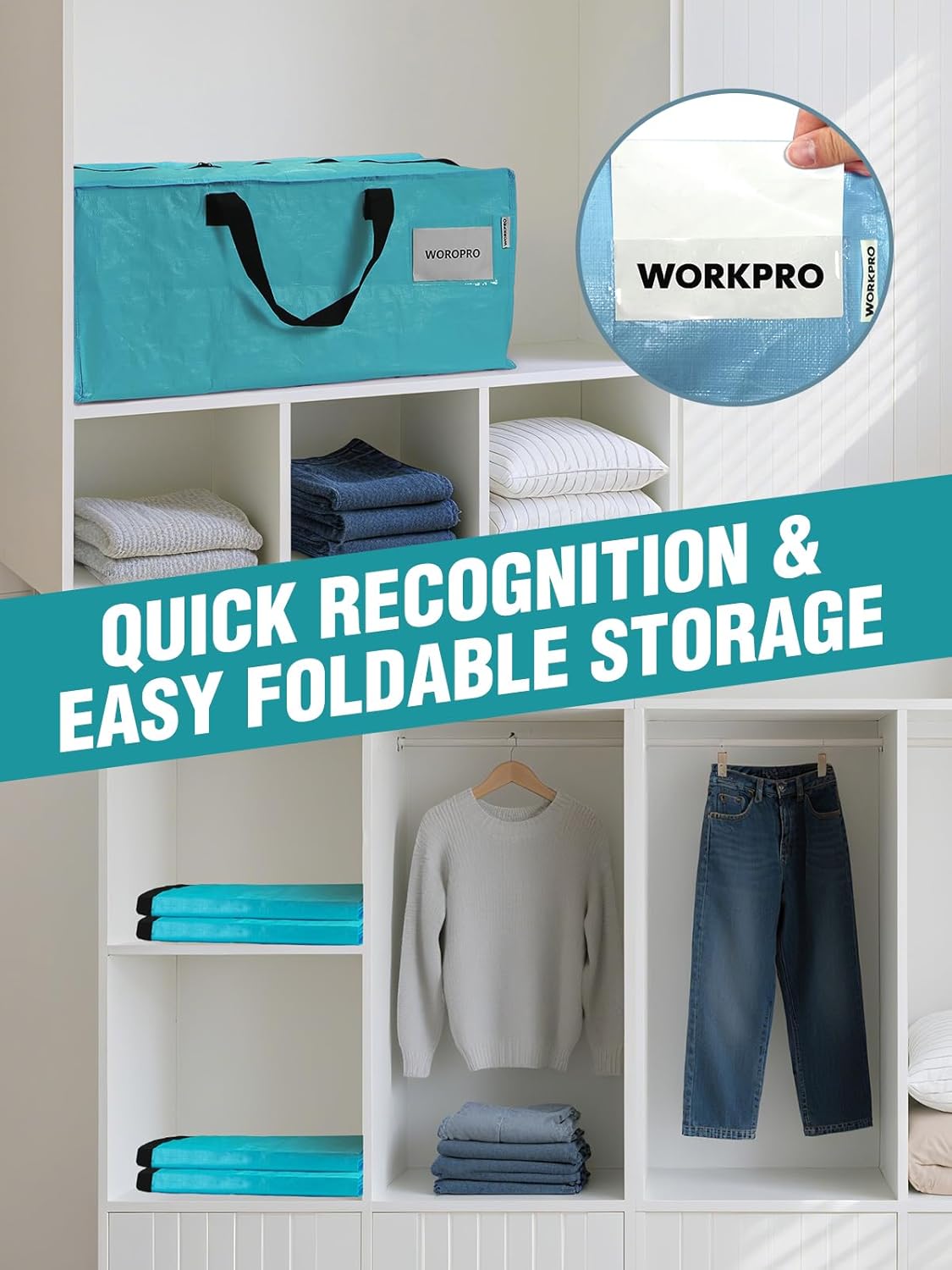 Blue foldable storage tote with black handles, displayed in a built-in shelf
