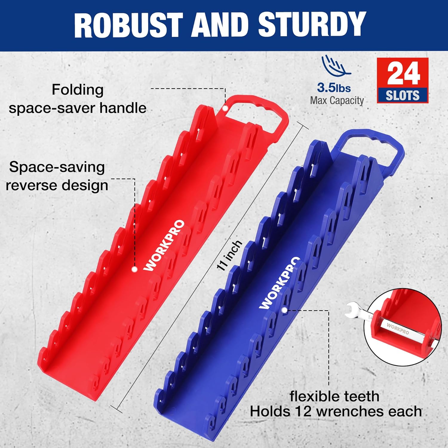 Red and blue socket/wrench rails with folding handle and flexible teeth
