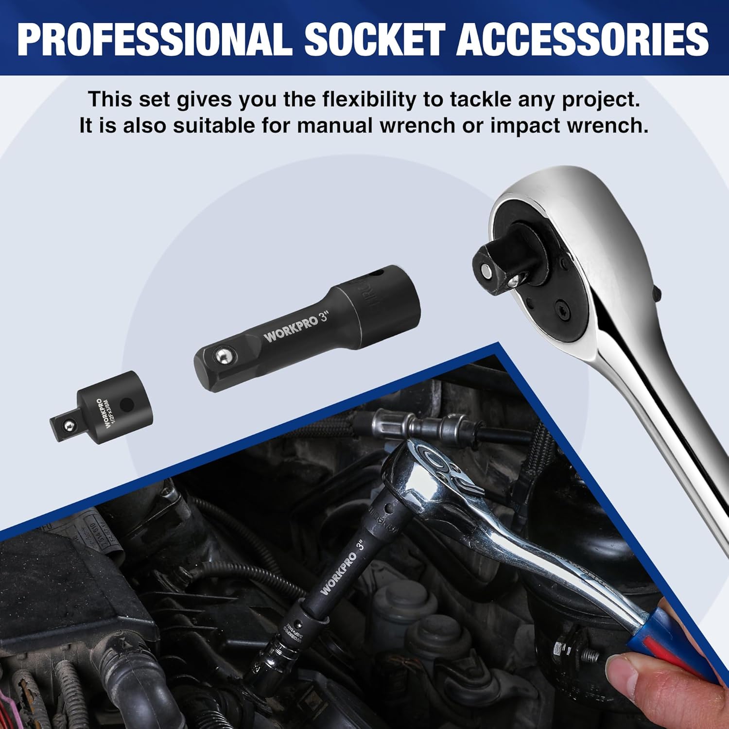 Black socket extension and universal joint accessories for impact or manual wrench use