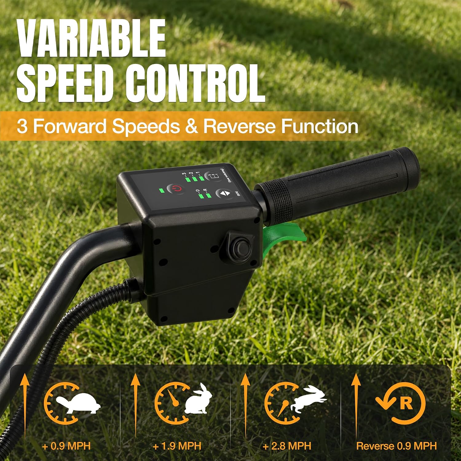 WORKPROX electric wheelbarrow speed control module on handle over green hopper