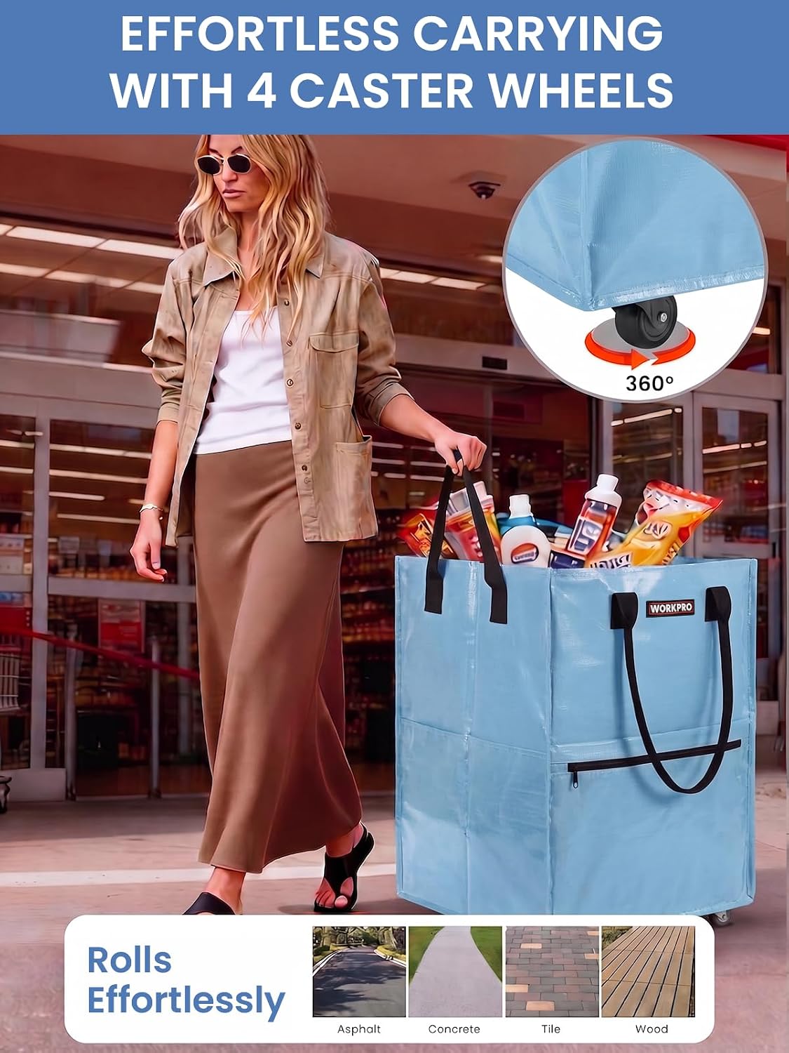 Blue rolling grocery bag with 4 caster wheels and black dual carry handles for shopping