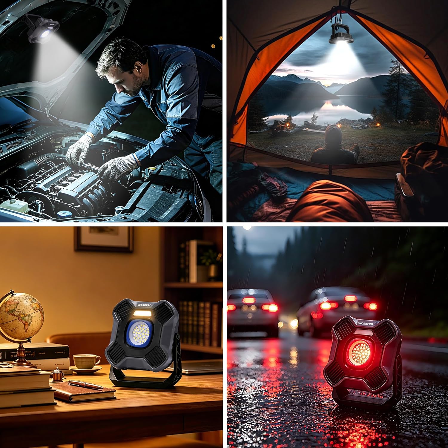 Compact LED work light glowing, black housing with blue-ring lens for jobsite use