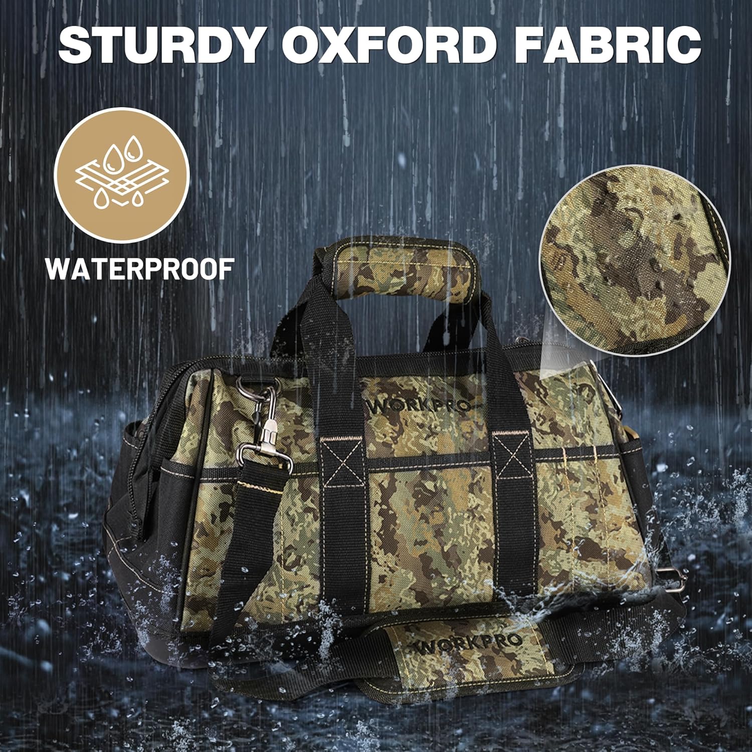 Camouflage tool bag in waterproof oxford fabric with reinforced handles and stitching