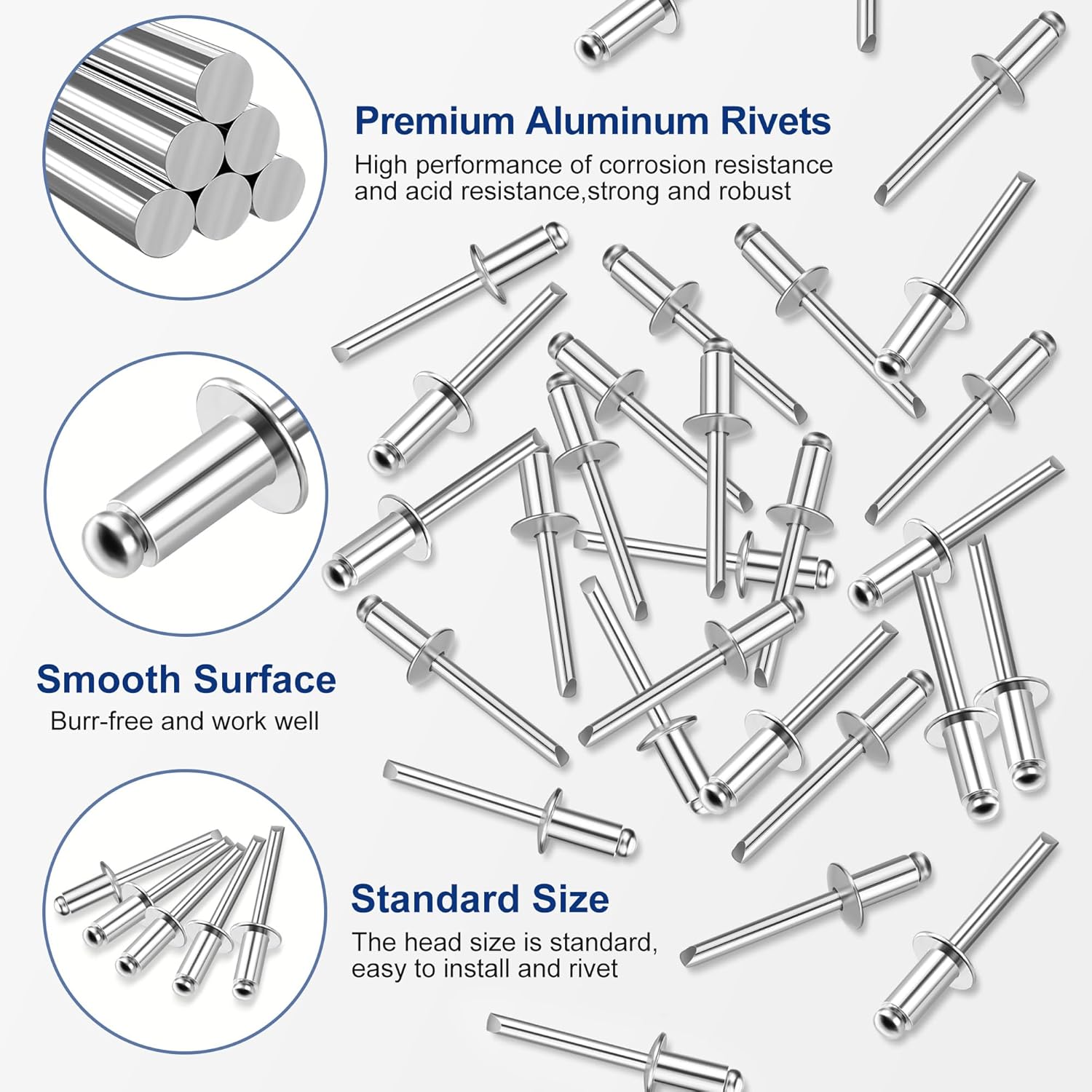 Aluminum blind rivets bundle with smooth silver heads and mandrels, standard size