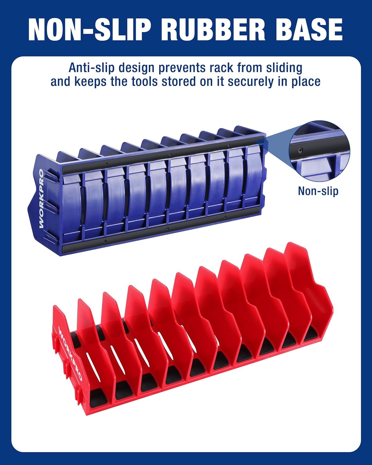 Tool organizer rack with non-slip rubber base and upright slots, blue and red