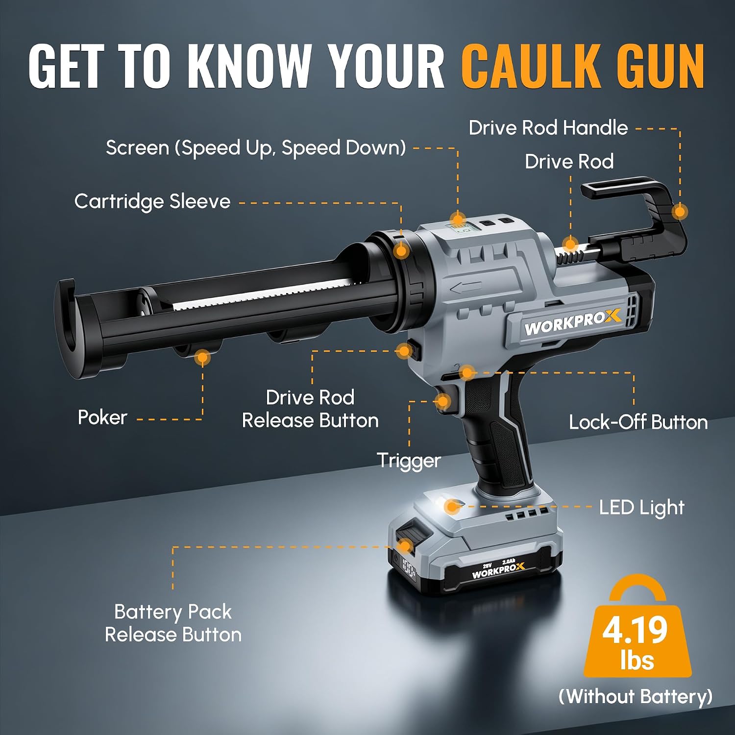 Cordless caulking gun with visible trigger, lock-off button, and LED light