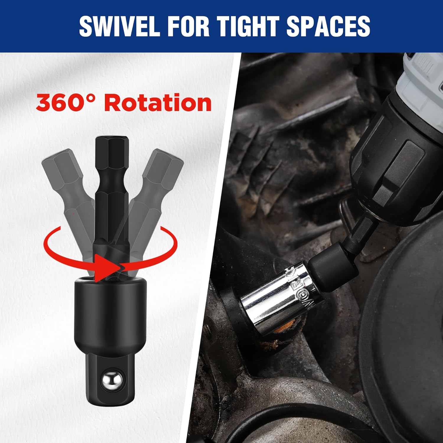 WORKPRO swivel socket adapter for tight spaces with 360° rotation, black finish