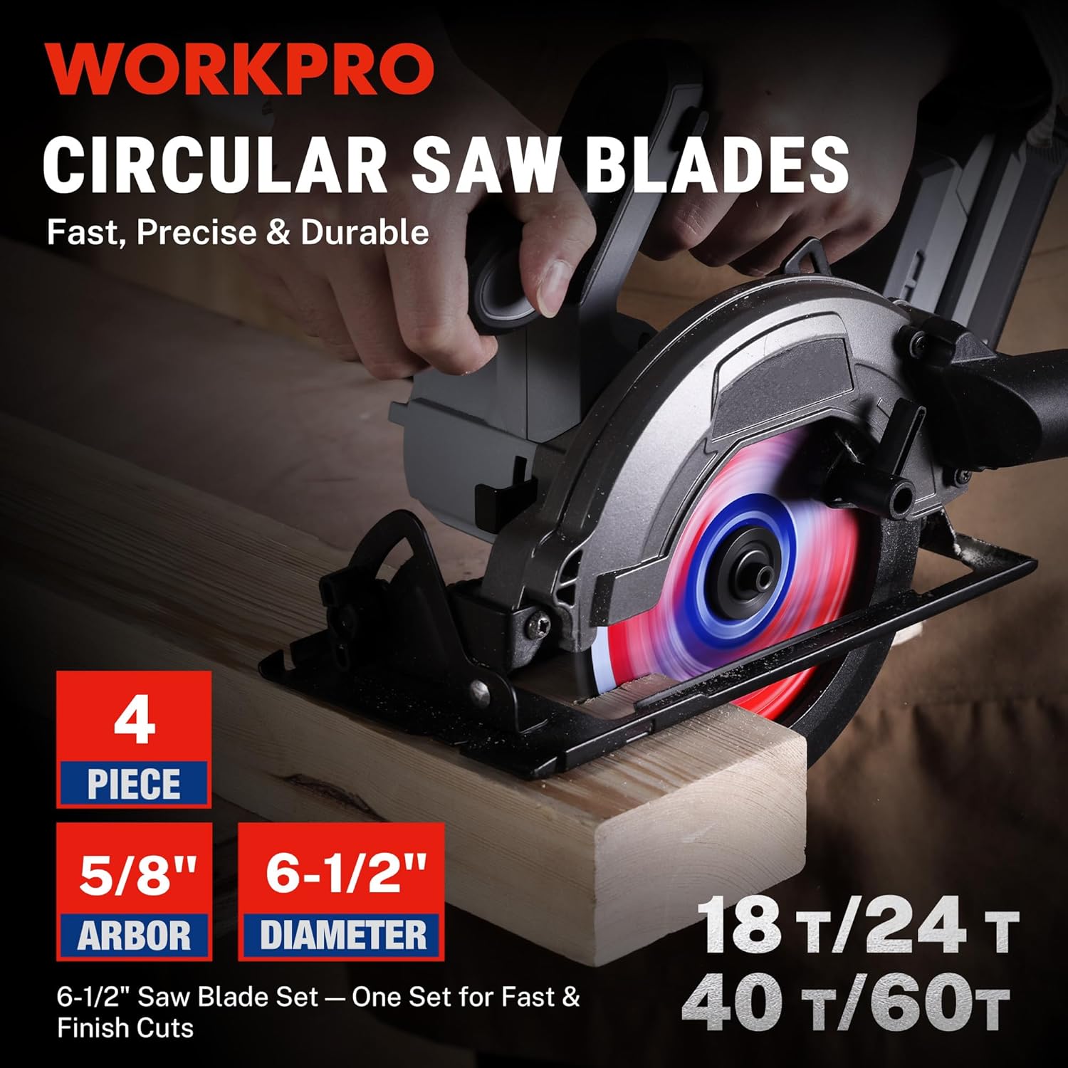 6-1/2 in circular saw with red carbide-tipped blade, multi-tooth 18T/24T/40T/60T