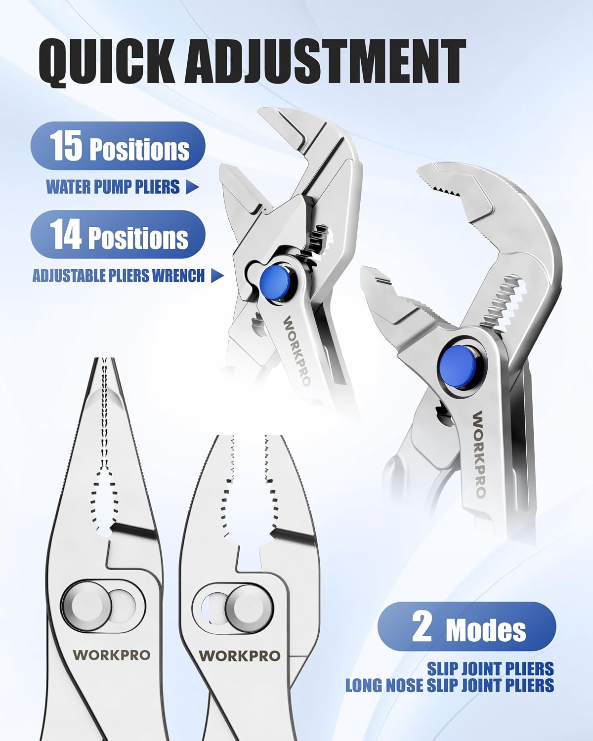 Water pump and adjustable pliers with blue adjustment knobs for multiple positions and modes