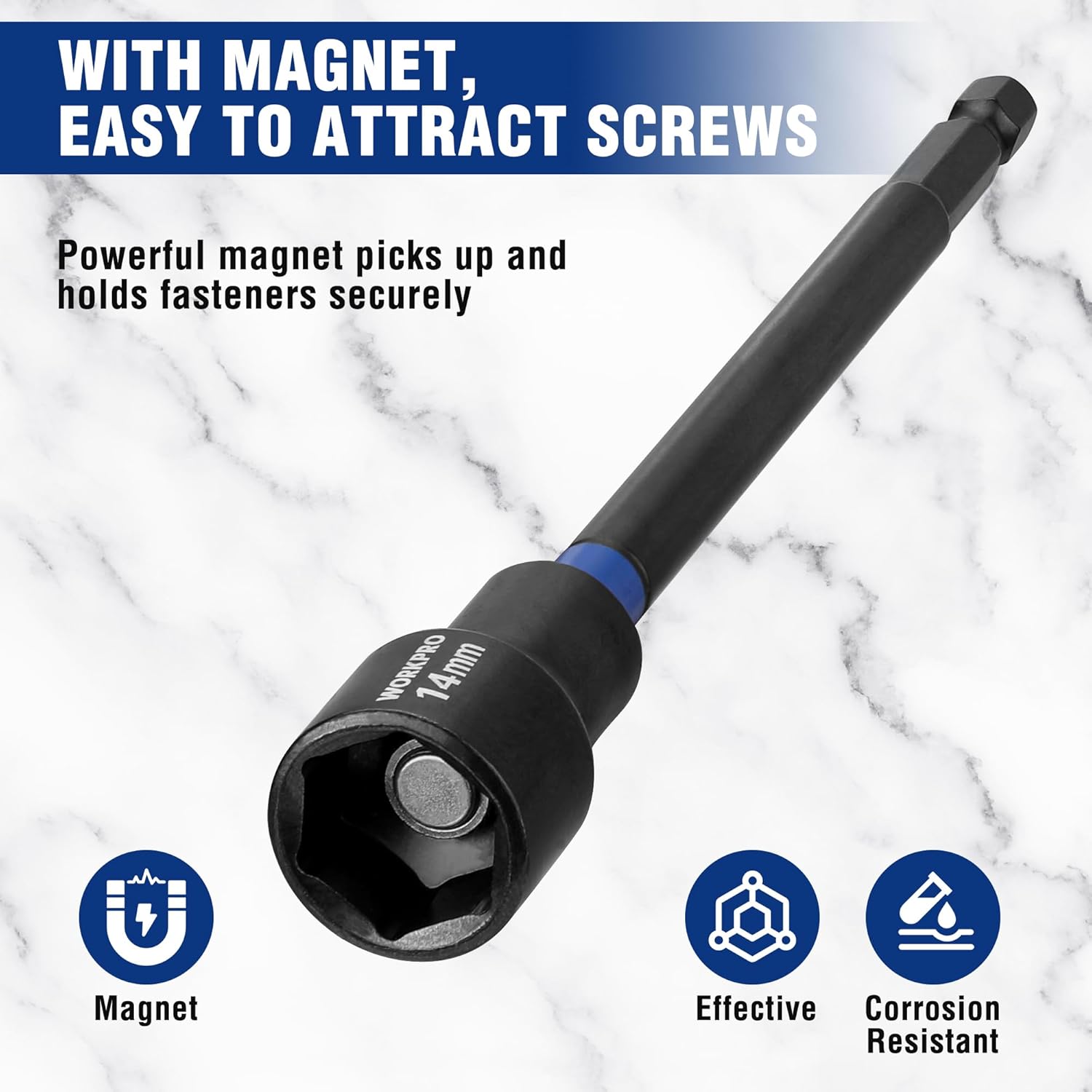 Long magnetic nut driver with hex shank and magnet ring, blue band on handle