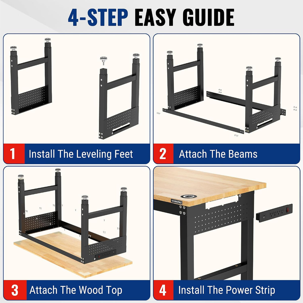 WORKPRO 48"x24" Adjustable Garage Workbench, 2000 LBS, Pegboard