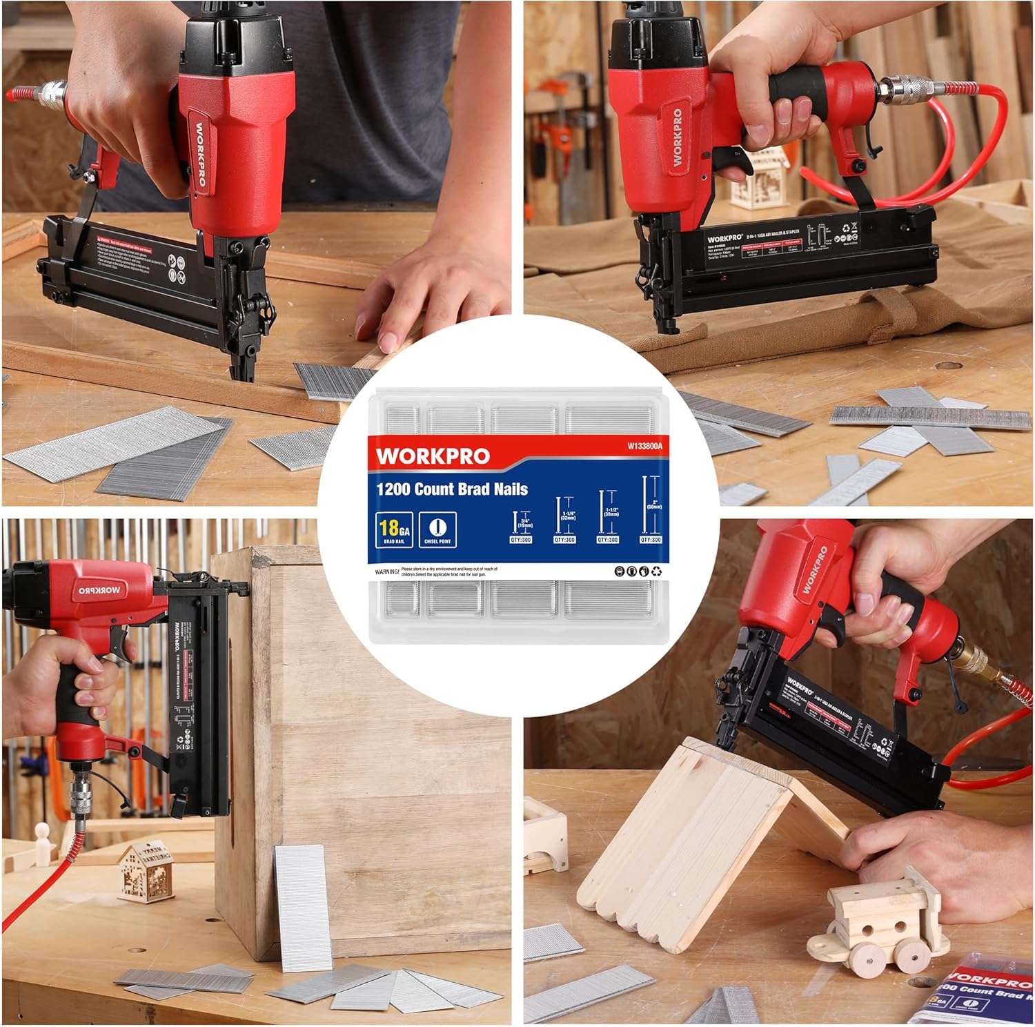 1200-count brad nails set with red nail gun and loose nails, silver finish