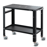 Portable welding table with perforated tabletop, rounded handle, and four caster wheels