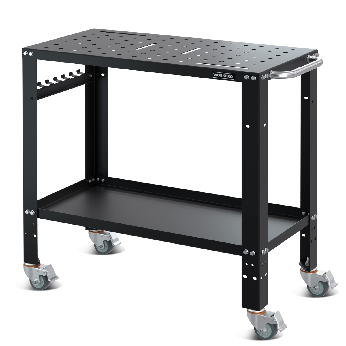 Portable welding table with perforated tabletop, rounded handle, and four caster wheels