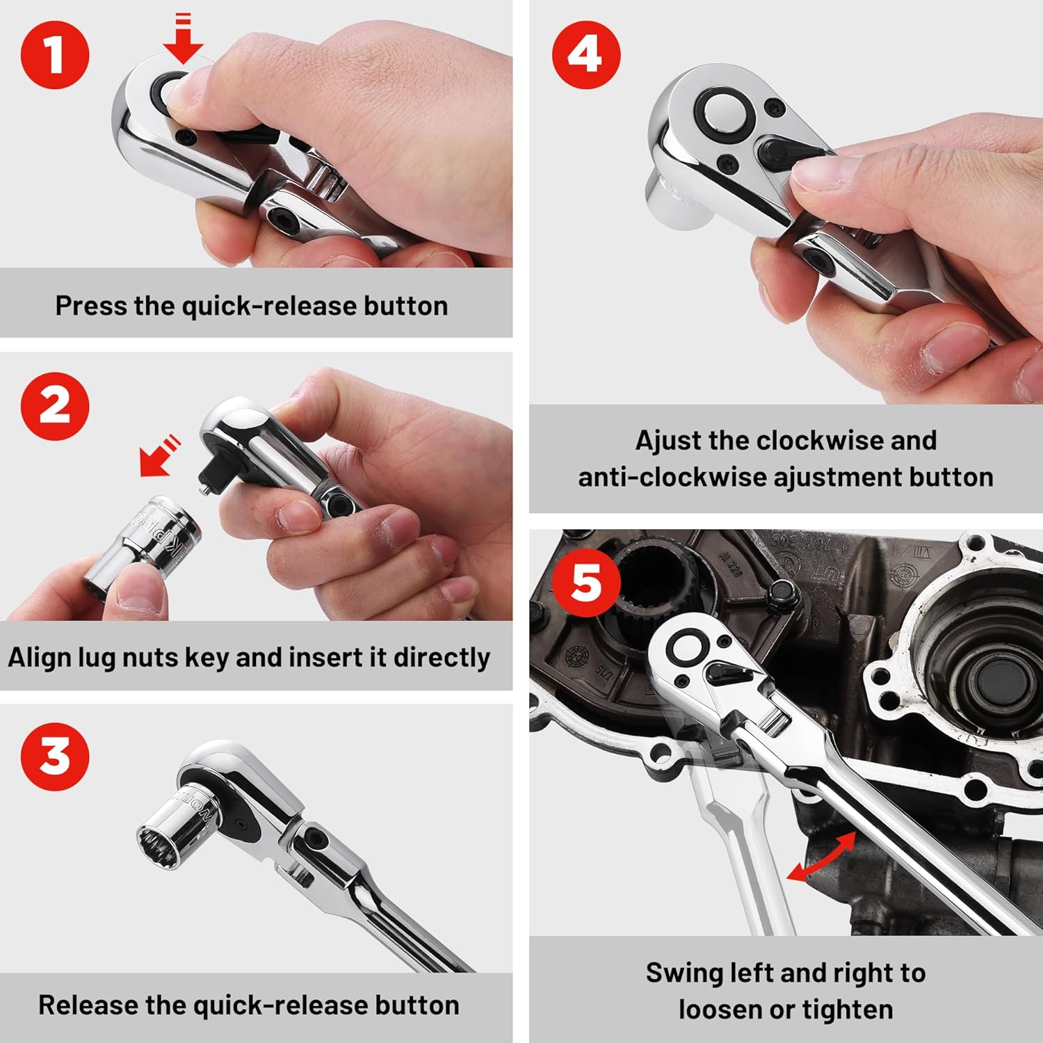 Flex-head ratchet wrench showing quick-release and clockwise/anti-clockwise button
