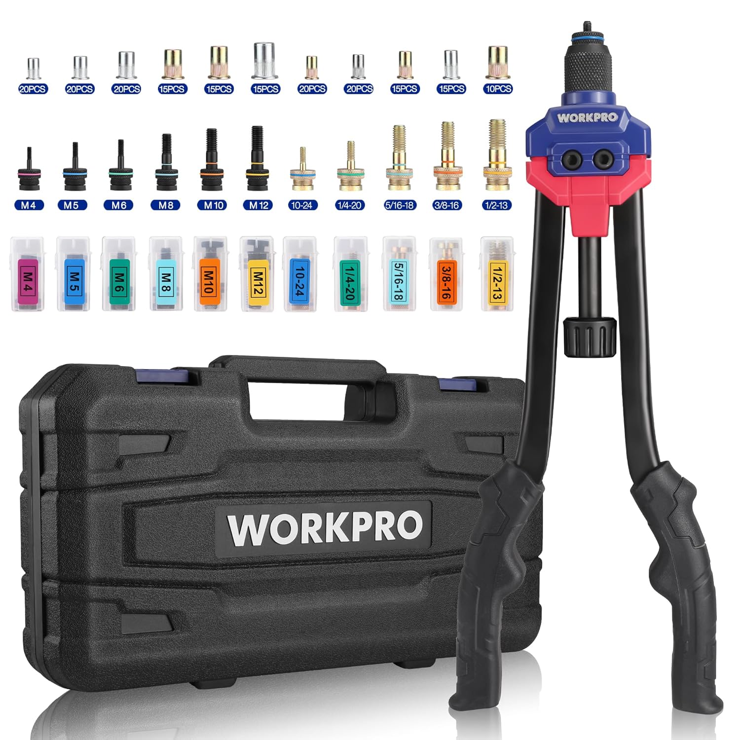 Rivet nut tool kit with black carrying case and red/blue hand tool