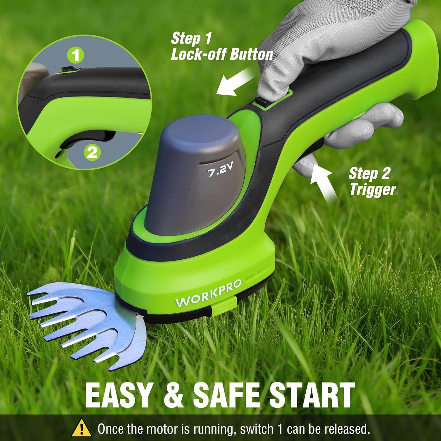 Cordless grass and hedge trimmer handle with safety lock-off button and trigger