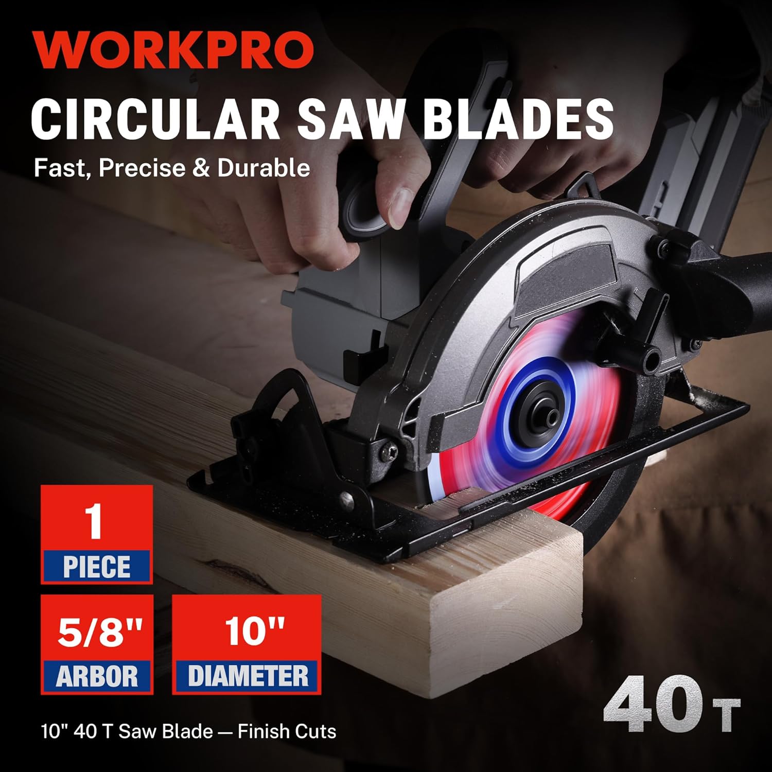 10-inch 40T circular saw blade mounted on a table saw, showing 5/8-inch arbor