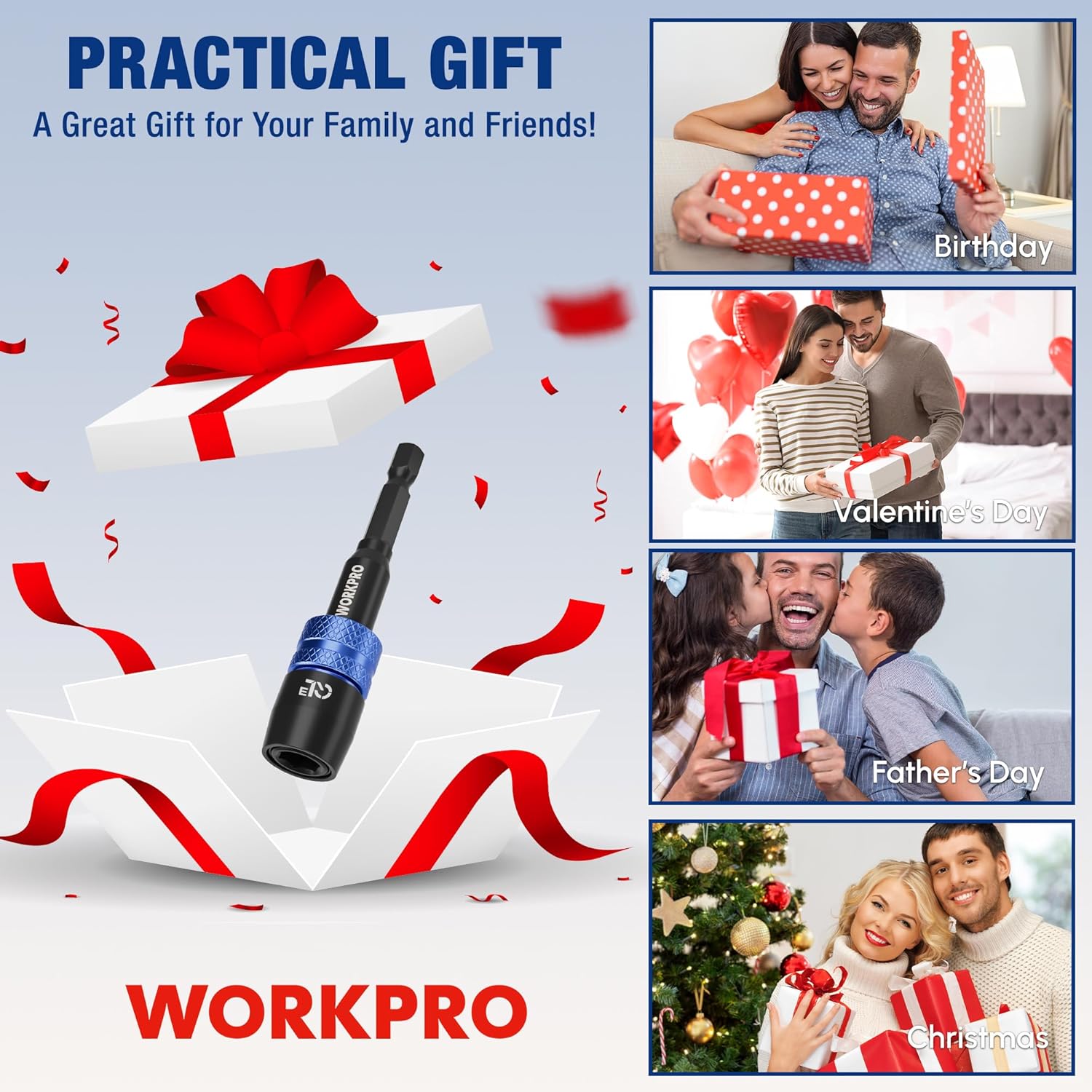 Black WORKPRO bit extension adapter with blue knurled locking collar