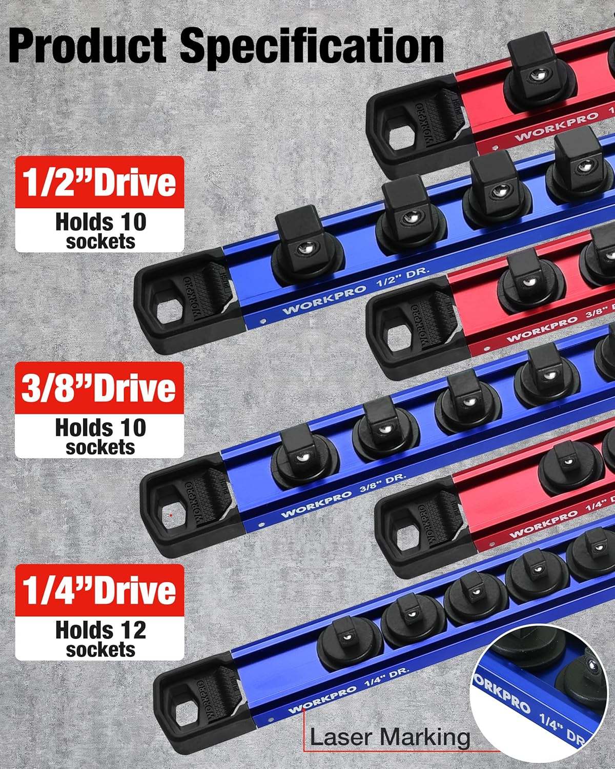 Red and black socket rail set with labeled 1/2, 3/8, and 1/4 drive clip holders