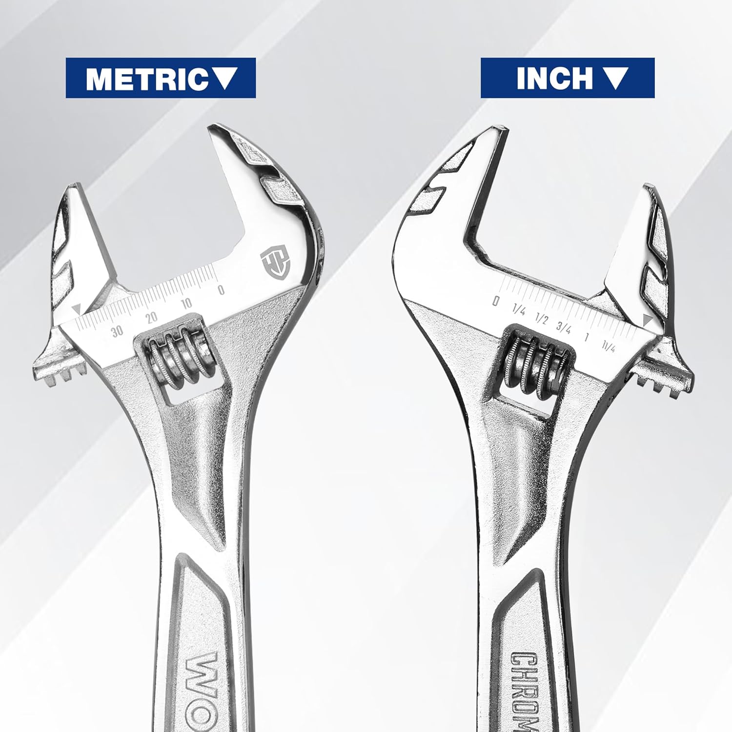 10-inch adjustable wrench with both metric and inch measurement markings