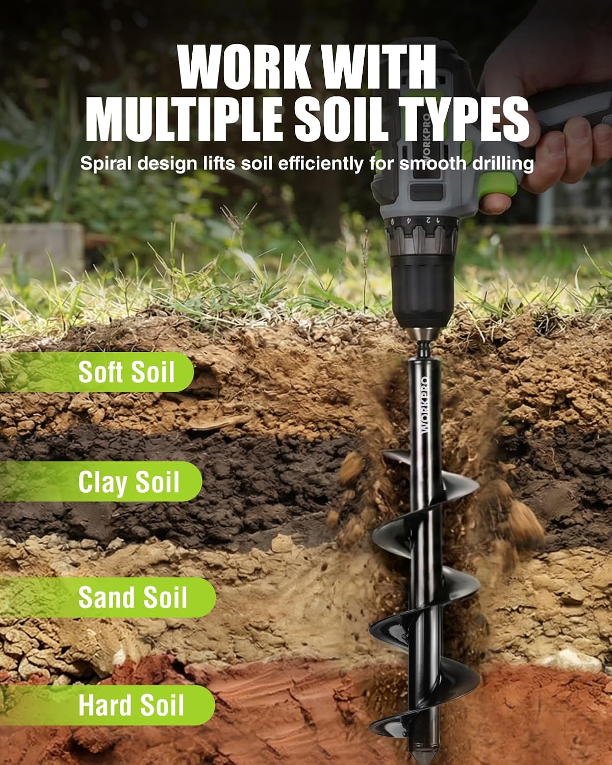 Spiral auger drill bit standing in dark soil, ready for bulb or post holes
