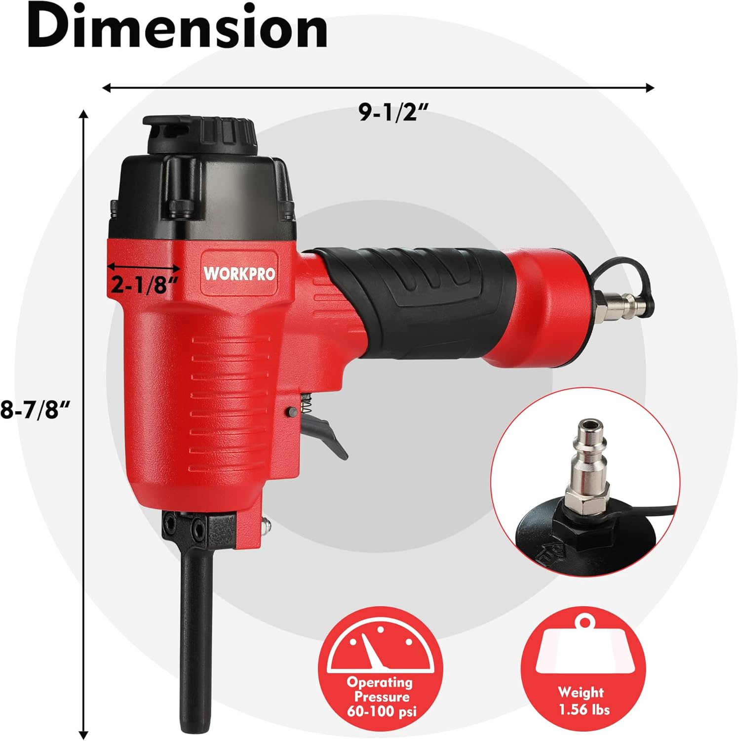 Pneumatic nail remover gun with red and black body, angled nozzle and air fitting