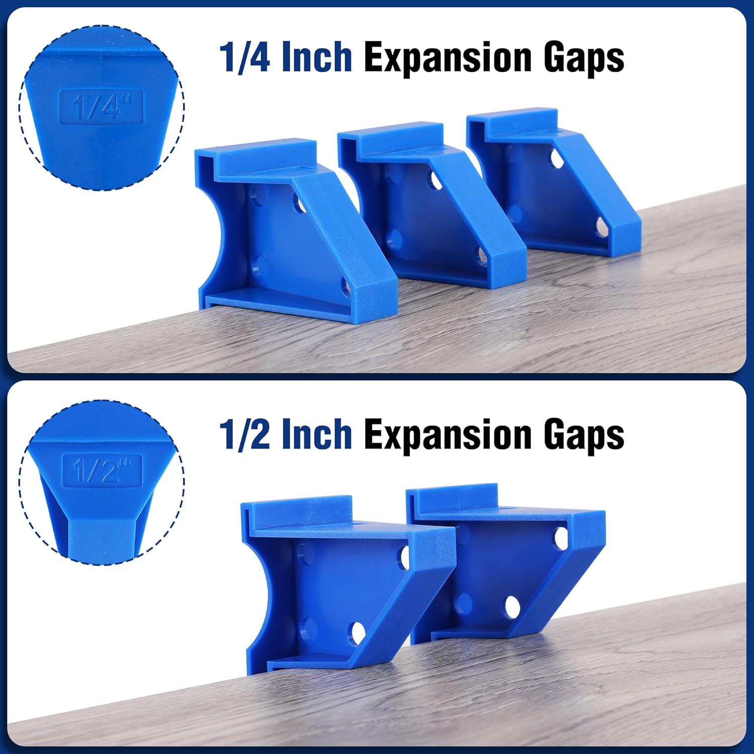 Blue triangular spacers showing 1/4 in and 1/2 in expansion gap options for flooring.