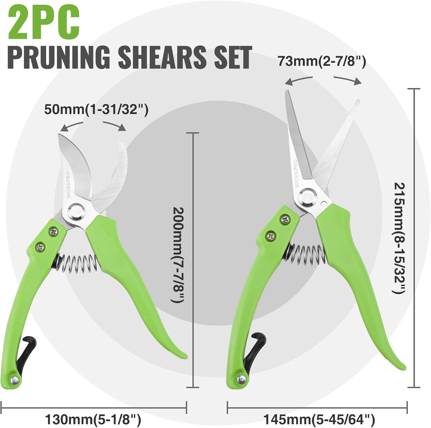 Green pruning shears set with two blades and spring mechanism, shown with size measurements