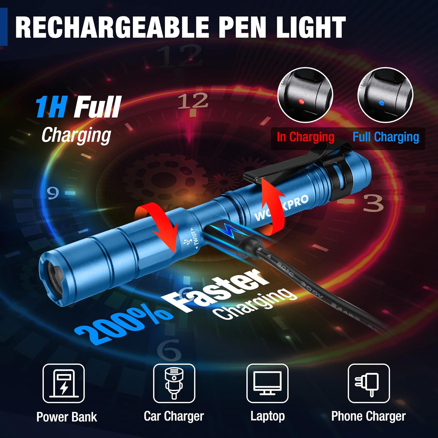 Blue rechargeable pen light with pocket clip and metal tail-cap switch.