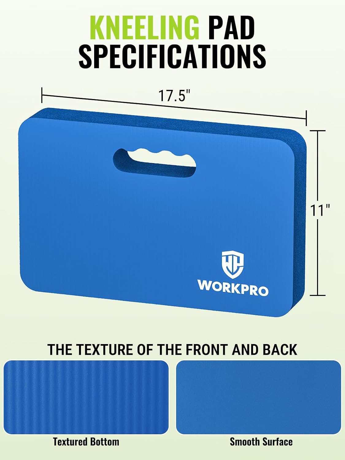 WORKPRO extra thick kneeling pad in black and blue with foam padding, 17.5 x 11 x 1.5 inch dimensions