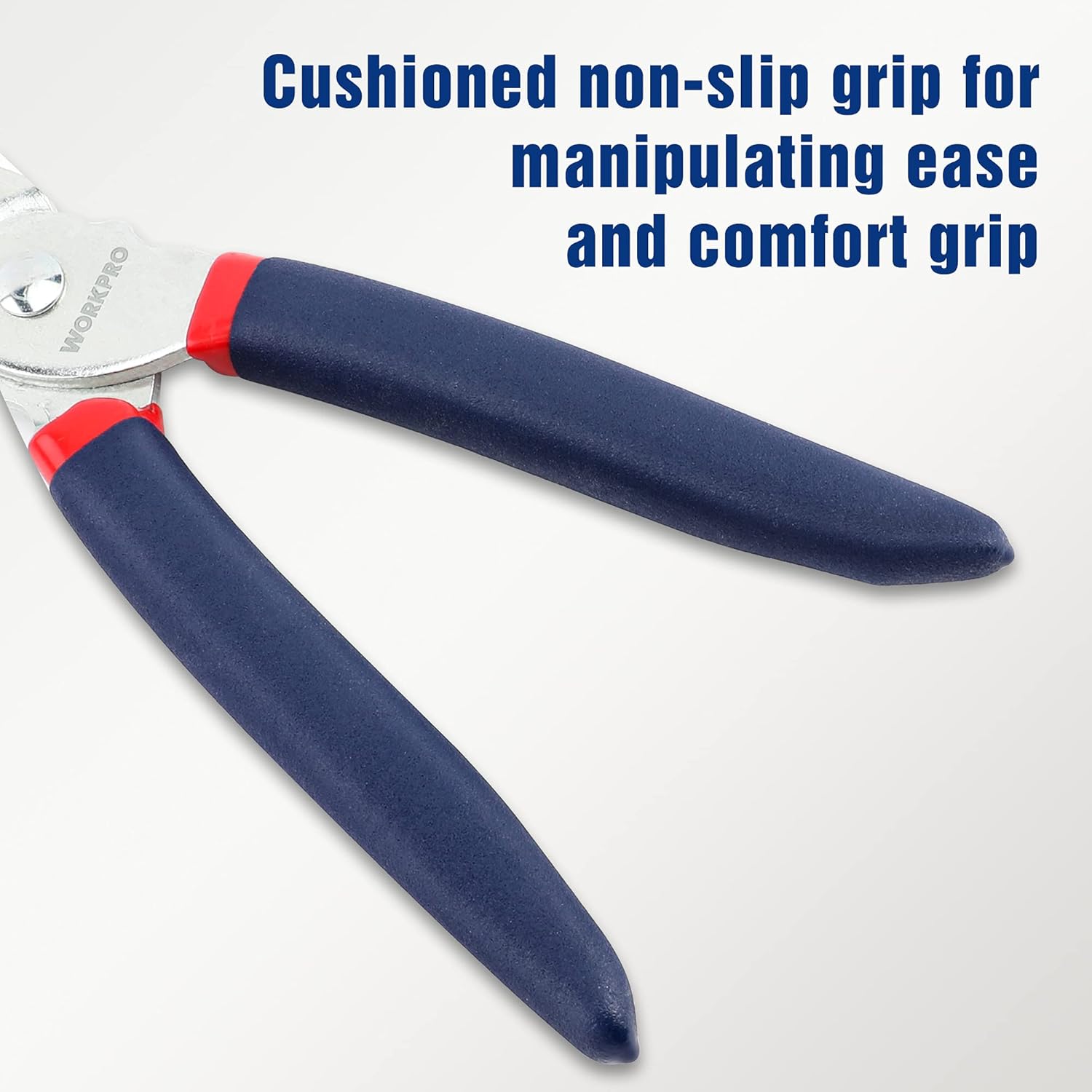 Hog ring pliers with blue handles and red grips, holding a metal hog ring