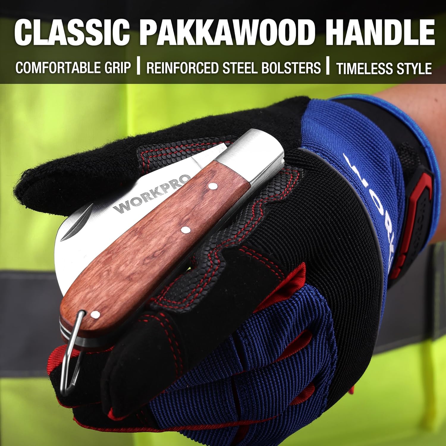 Folding utility knife with wood handle, steel bolsters, and curved blade