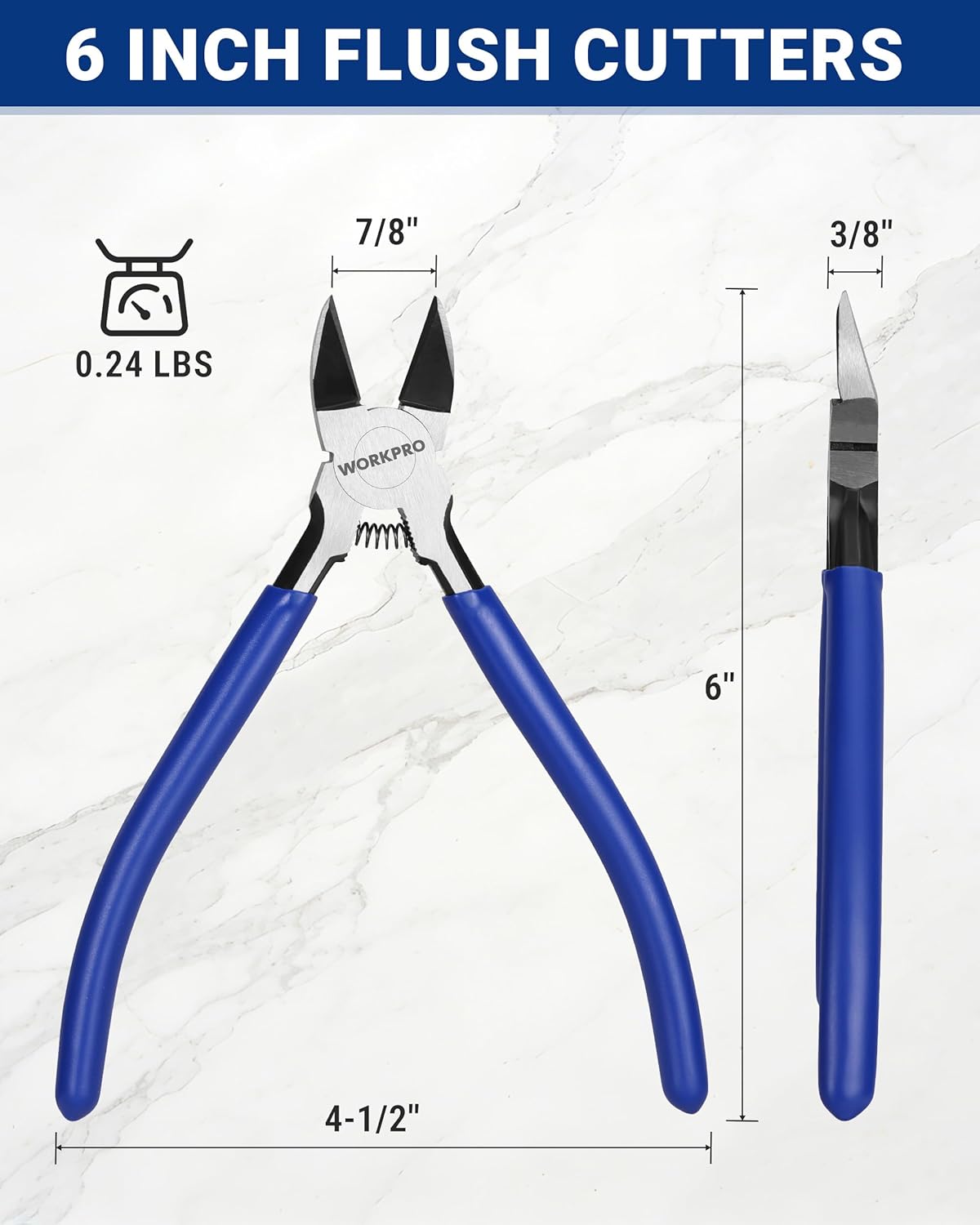 6-inch flush wire cutters, blue handles with black jaws and diagonal cutting tips