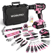 Pink and black cordless drill with black hard case and assorted hand tools and bits