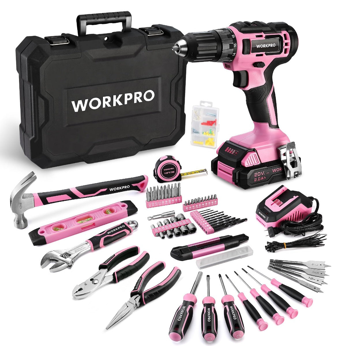Pink and black cordless drill with black hard case and assorted hand tools and bits
