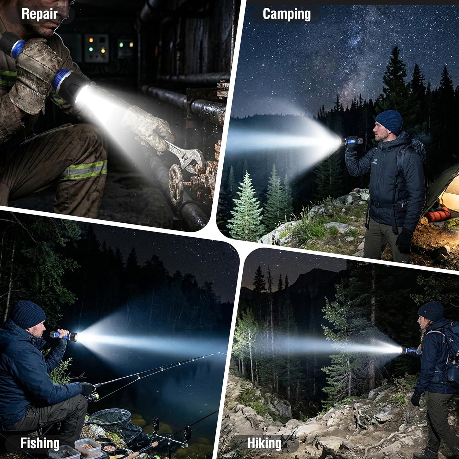 Blue and black handheld LED flashlight casting a bright beam at night.