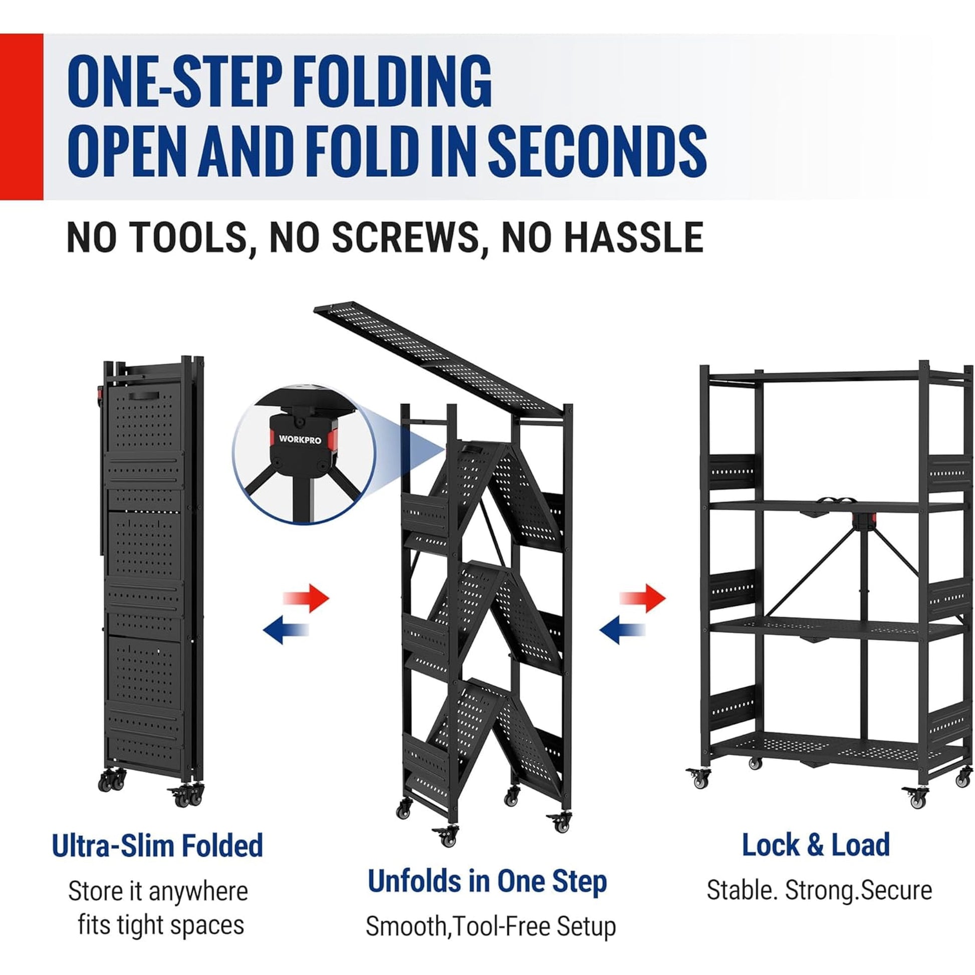 Black folding storage rack with perforated shelves, opened from compact folded position