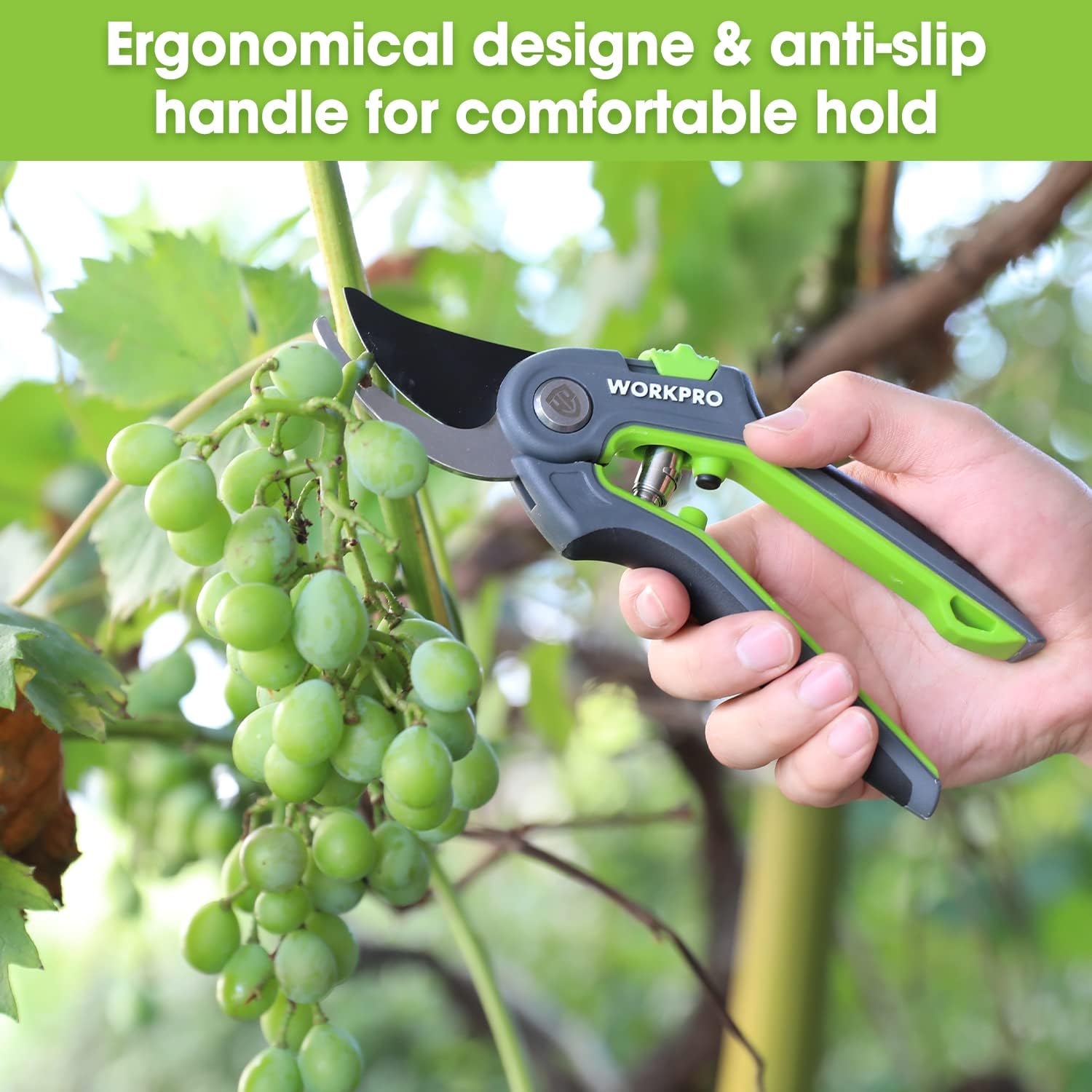 Bypass pruning shears with anti-slip ergonomic handle and black coated cutting blades