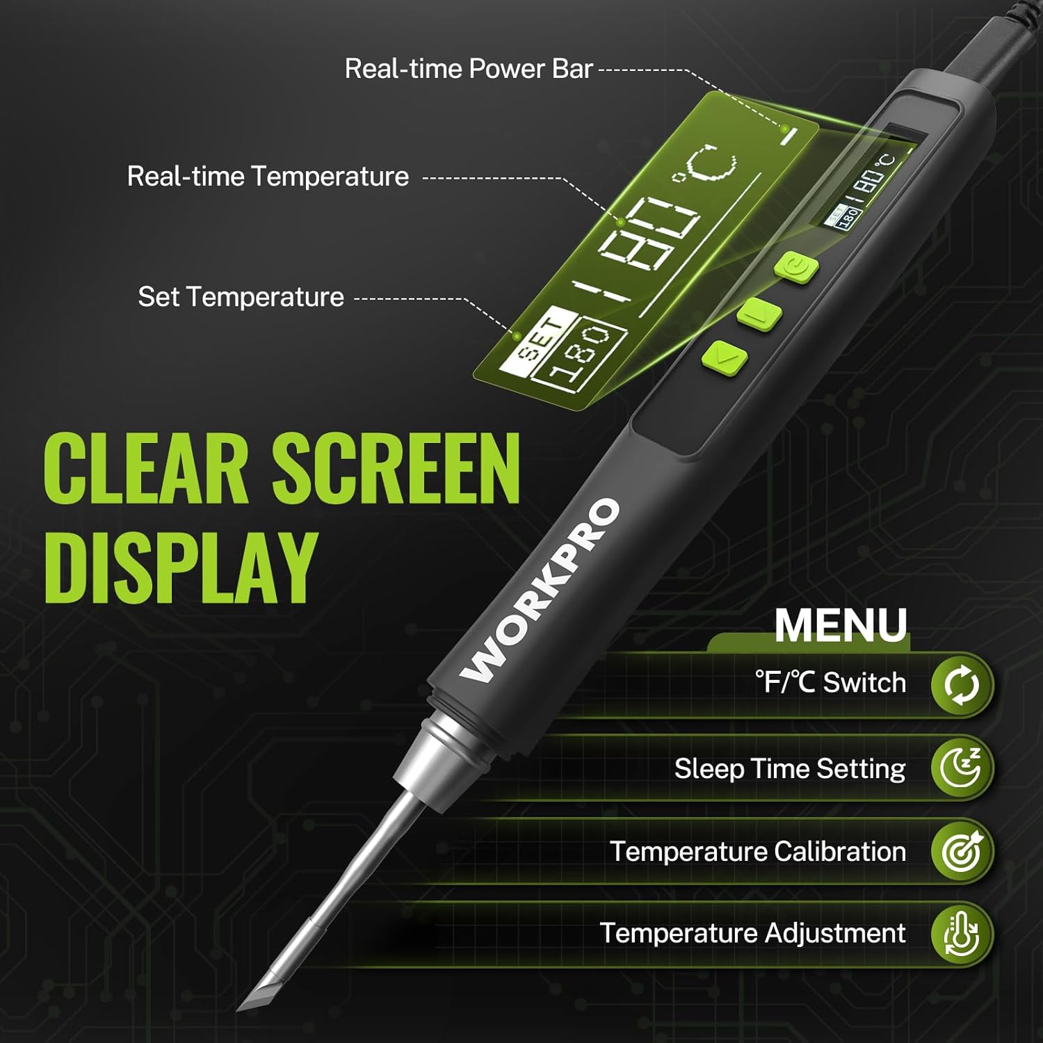 Soldering iron pen with clear OLED display, green menu buttons, and soldering tip