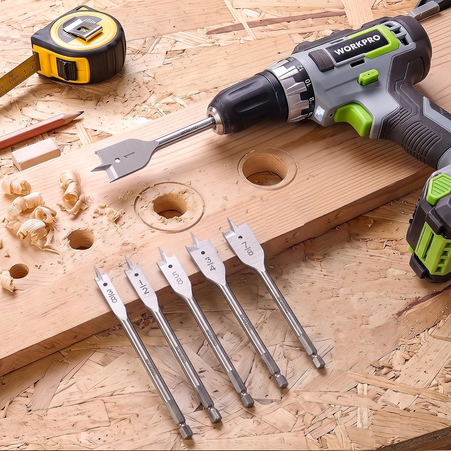 WORKPRO 6-Piece Spade Drill Bit Set, 3/8" to 1"