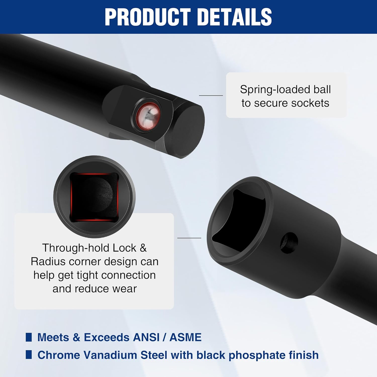 WORKPRO 1/2-in drive extension bar detail with spring-loaded ball socket lock
