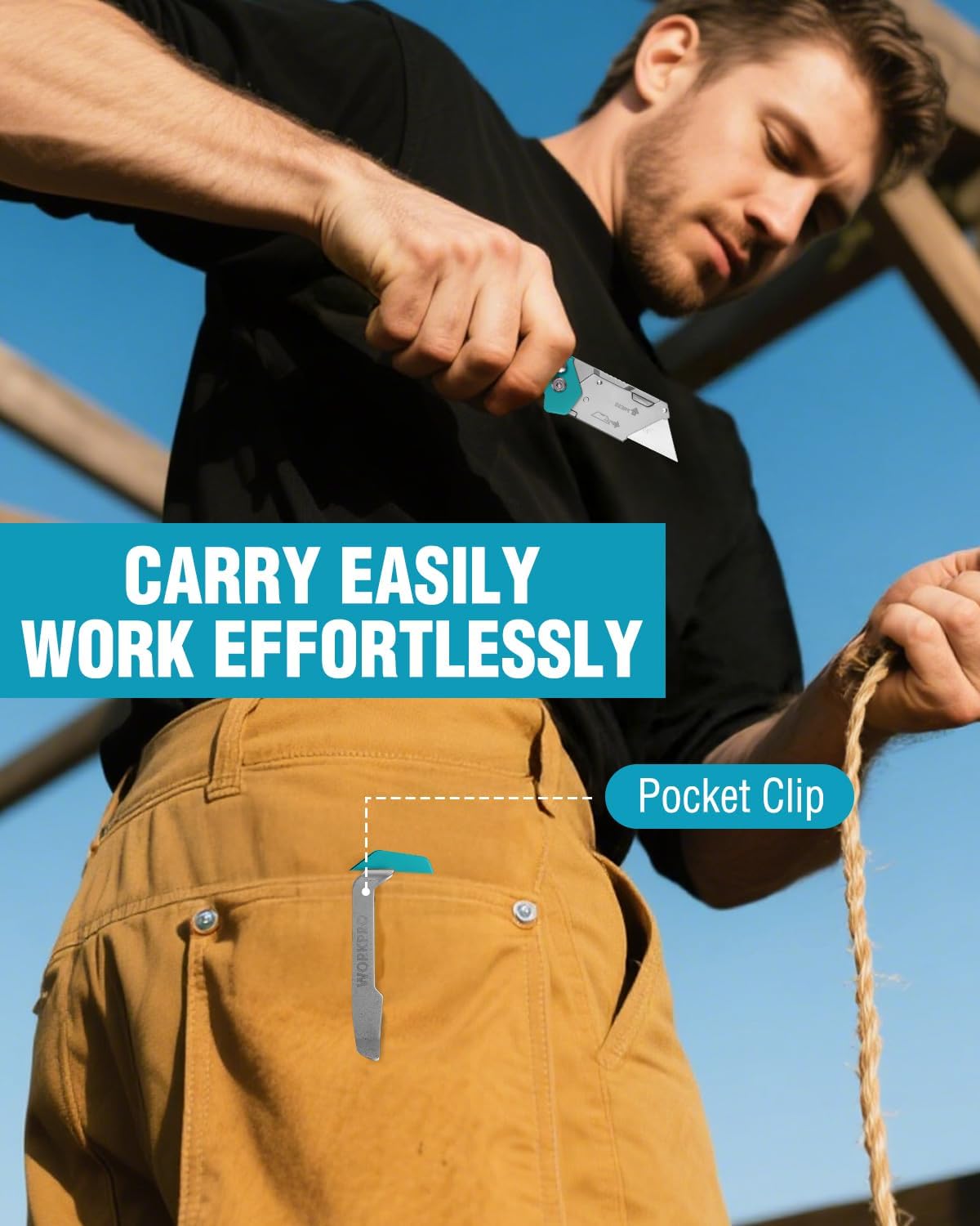 Folding utility knife with teal handle and belt/pocket clip for easy carry
